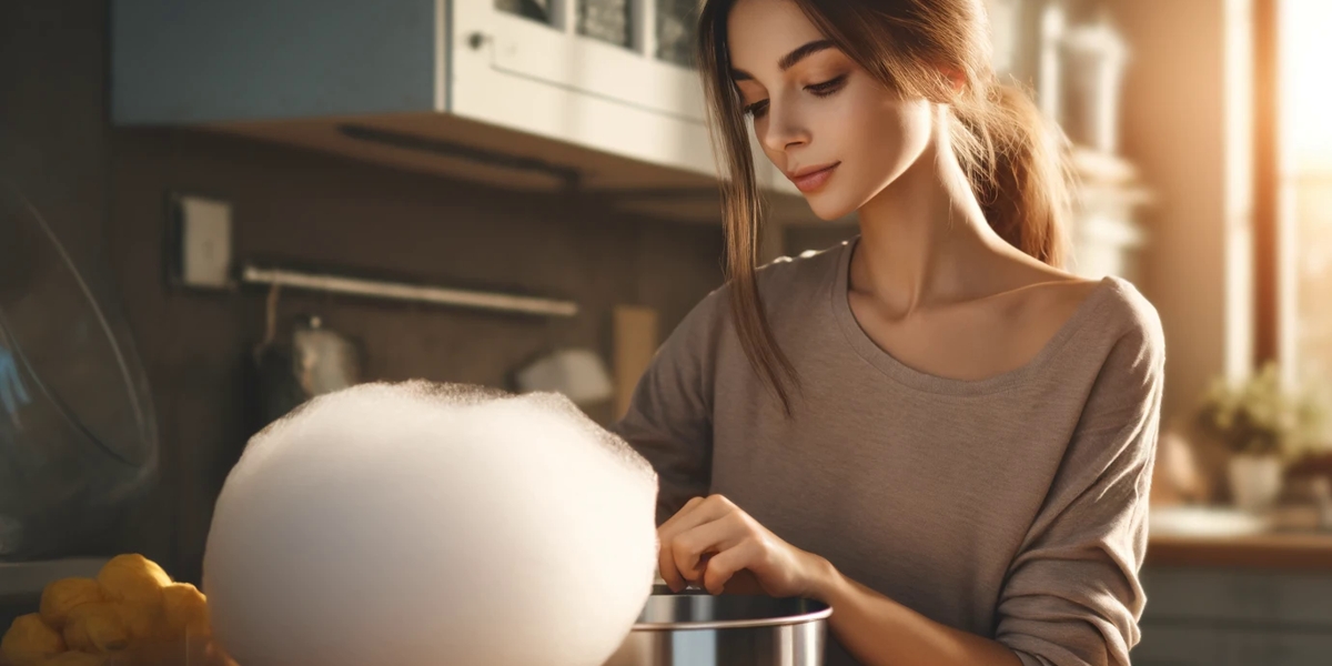 Zdjęcie przedstawiające kobietę z skupionym wyrazem twarzy, która robi watę cukrową w swojej domowej kuchni, z naturalnym światłem podkreślającym atmosferę spokoju.